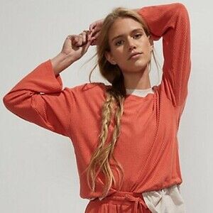 ALL FENIX Leo Sweater Terra Cotta Medium Pullover Ribbed Loungewear Drawstring